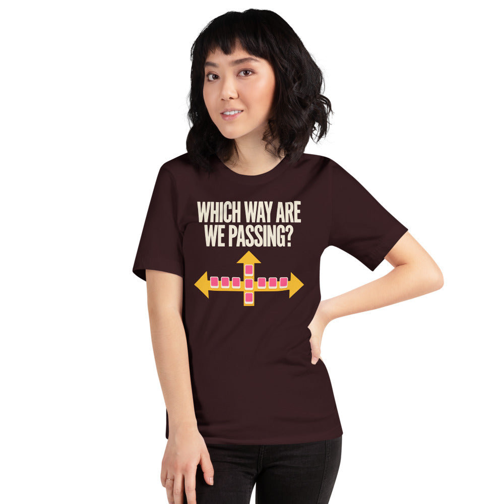 Which Way Are We Passing funny mahjong tee — Oxblood Black, on model