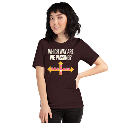 Which Way Are We Passing funny mahjong tee — Oxblood Black, on model