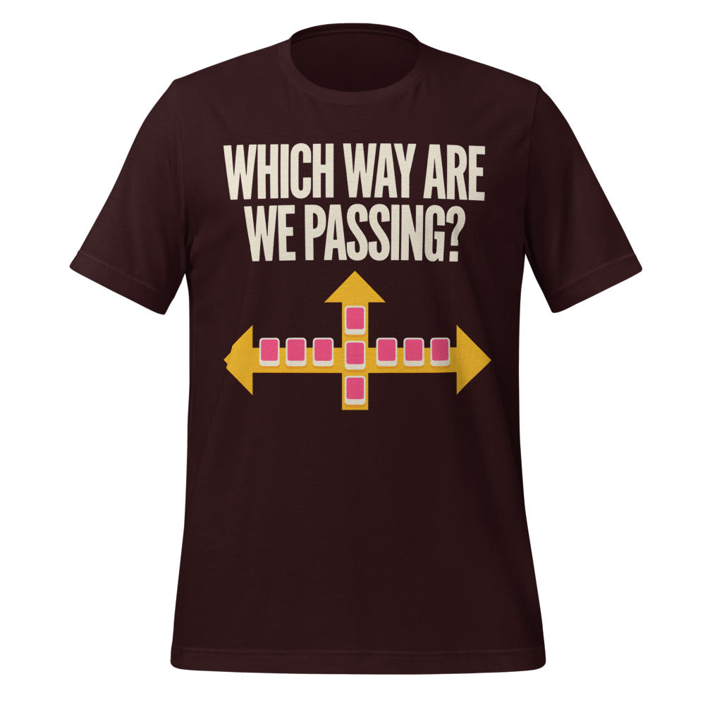 Which Way Are We Passing funny mahjong tee — Oxblood Black, front