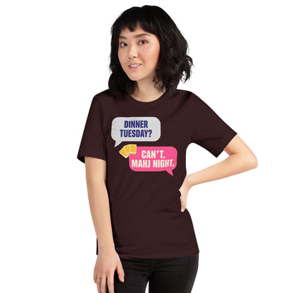 Mahj Night funny mahjong tee — Oxblood Black, on model