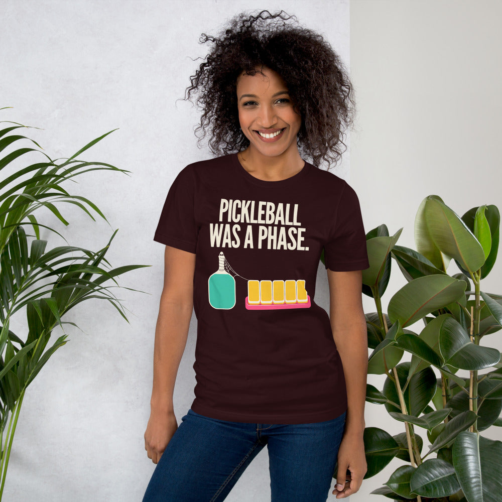Pickleball Was A Phase funny mahjong tee — Oxblood Black, on model