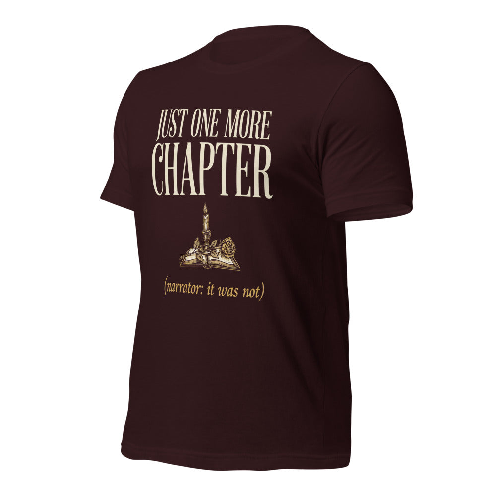 Just One More Chapter book lover dark academia tee — Oxblood Black, front right