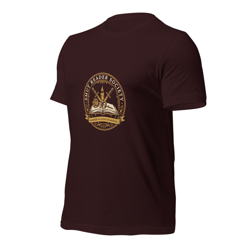 Smut Reader Society book lover dark academia tee — Oxblood Black, front-right