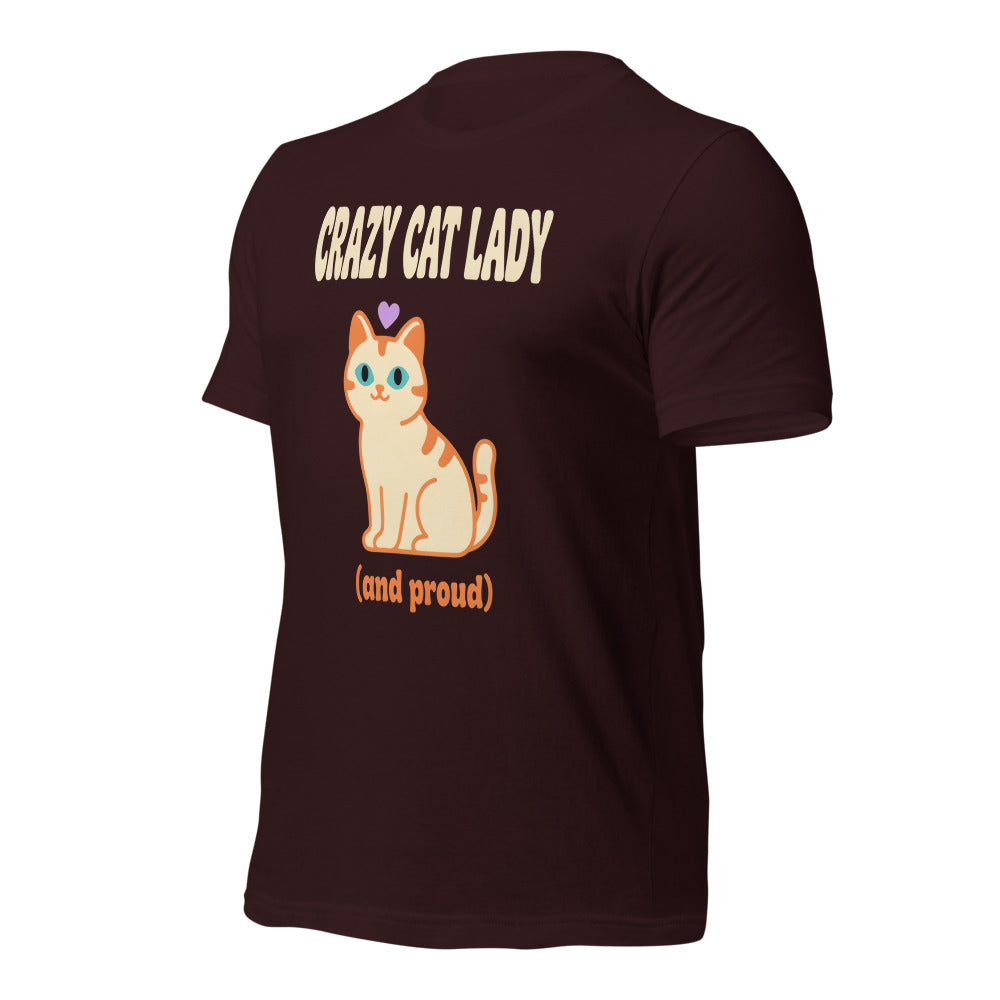 Crazy Cat Lady and Proud retro Y2K tee — Oxblood Black, front-right