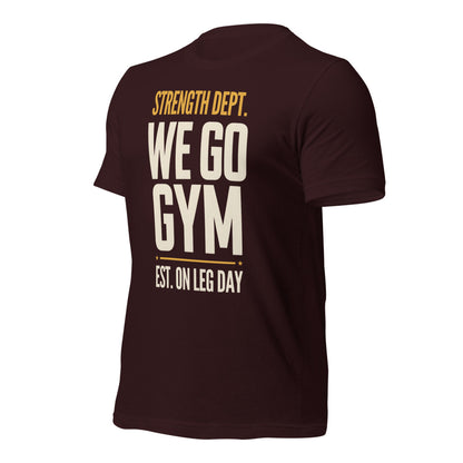 We Go Gym vintage athletic gym tee — Oxblood Black, front right