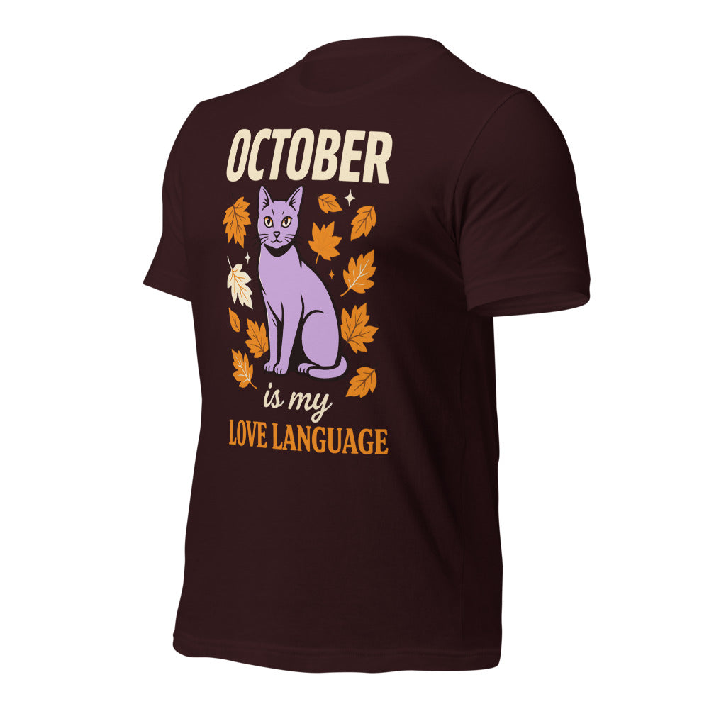 October Is My Love Language retro Halloween black cat tee — Oxblood Black, front right