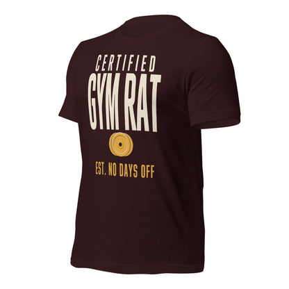 Certified Gym Rat vintage athletic tee — Oxblood Black, front-right