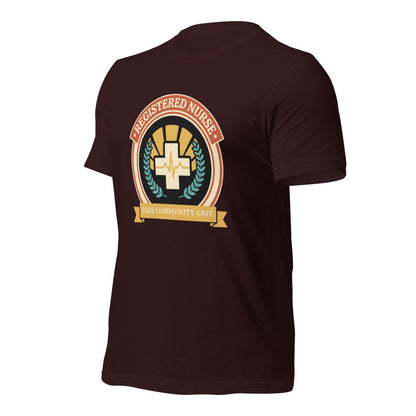 Registered Nurse vintage healthcare emblem badge tee — Oxblood Black, front-right