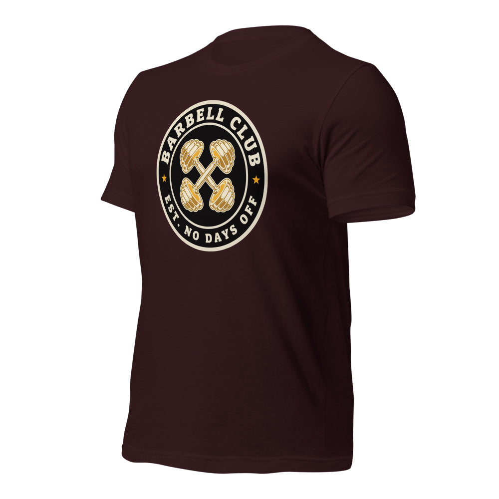 Barbell Club No Days Off vintage gym tee — Oxblood Black, front-right