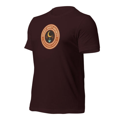 Night Shift Society retro registered nurse badge tee — Oxblood Black, front-right