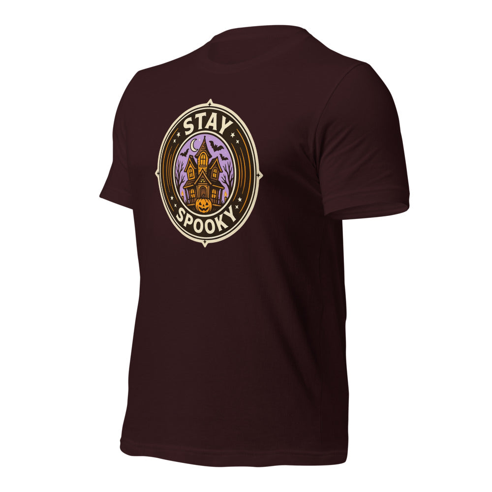 Stay Spooky retro Halloween vintage badge tee — Oxblood Black, front-right