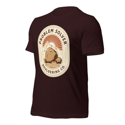 Problem Solver Bouldering Badge t-shirt — Oxblood Black, front-right