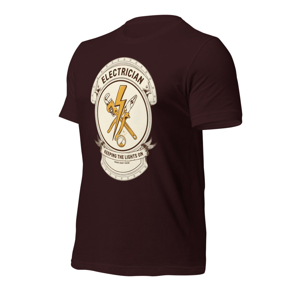 Electrician Journeyman trade crest tee — Oxblood Black, front-right