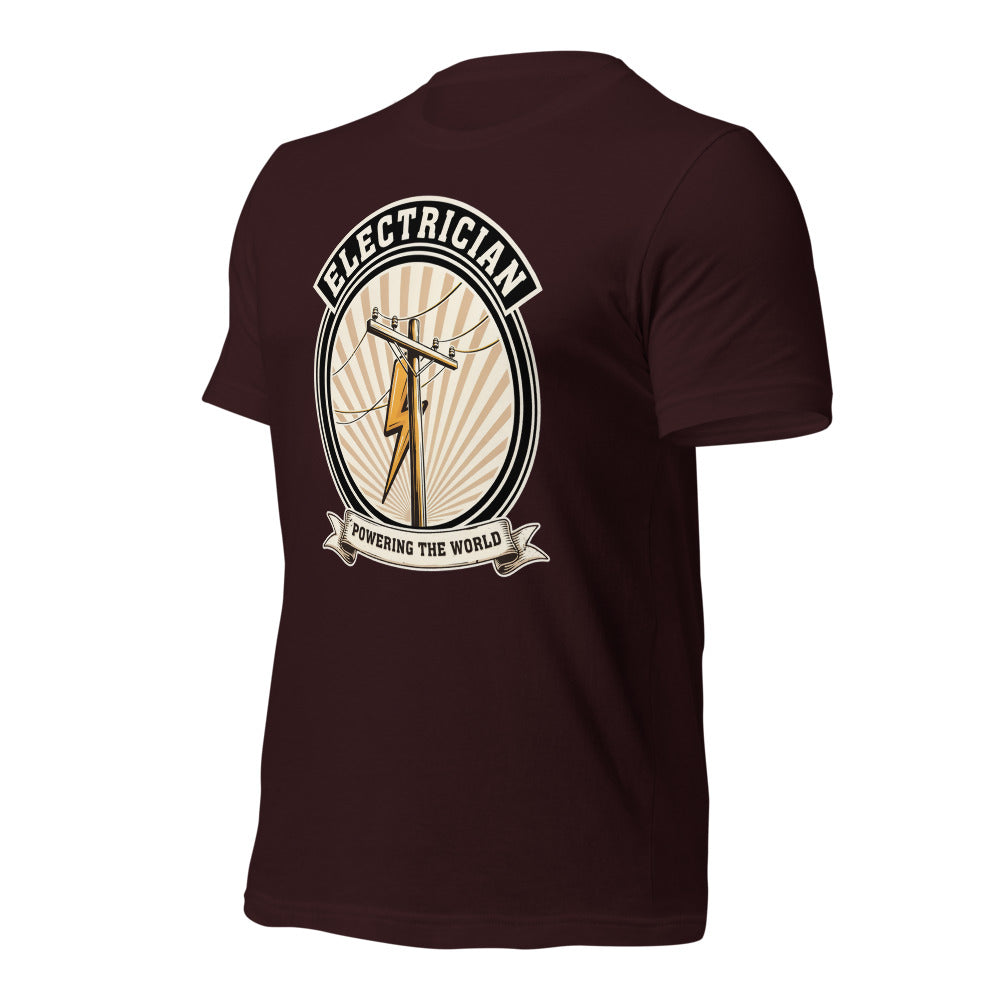 Powering The World electrician emblem tee — Oxblood Black, front-right