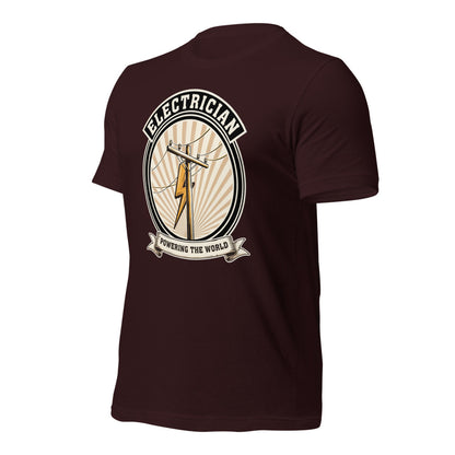 Powering The World electrician emblem tee — Oxblood Black, front-right