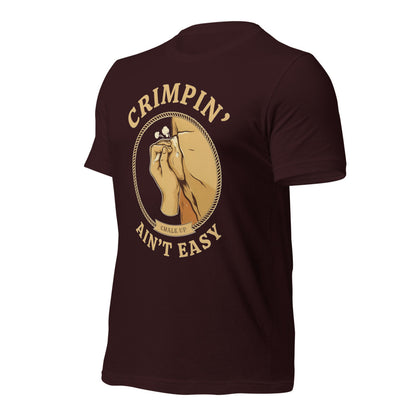 Crimpin' Ain't Easy bouldering badge t-shirt — Oxblood Black, front-right