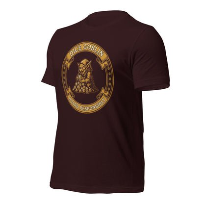 Dice Goblin Hoard Responsibly tabletop RPG tee — Oxblood Black, front-right