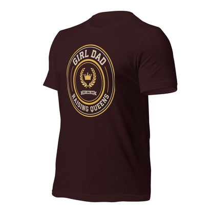 Girl Dad Raising Queens crest tee — Oxblood Black, front-right