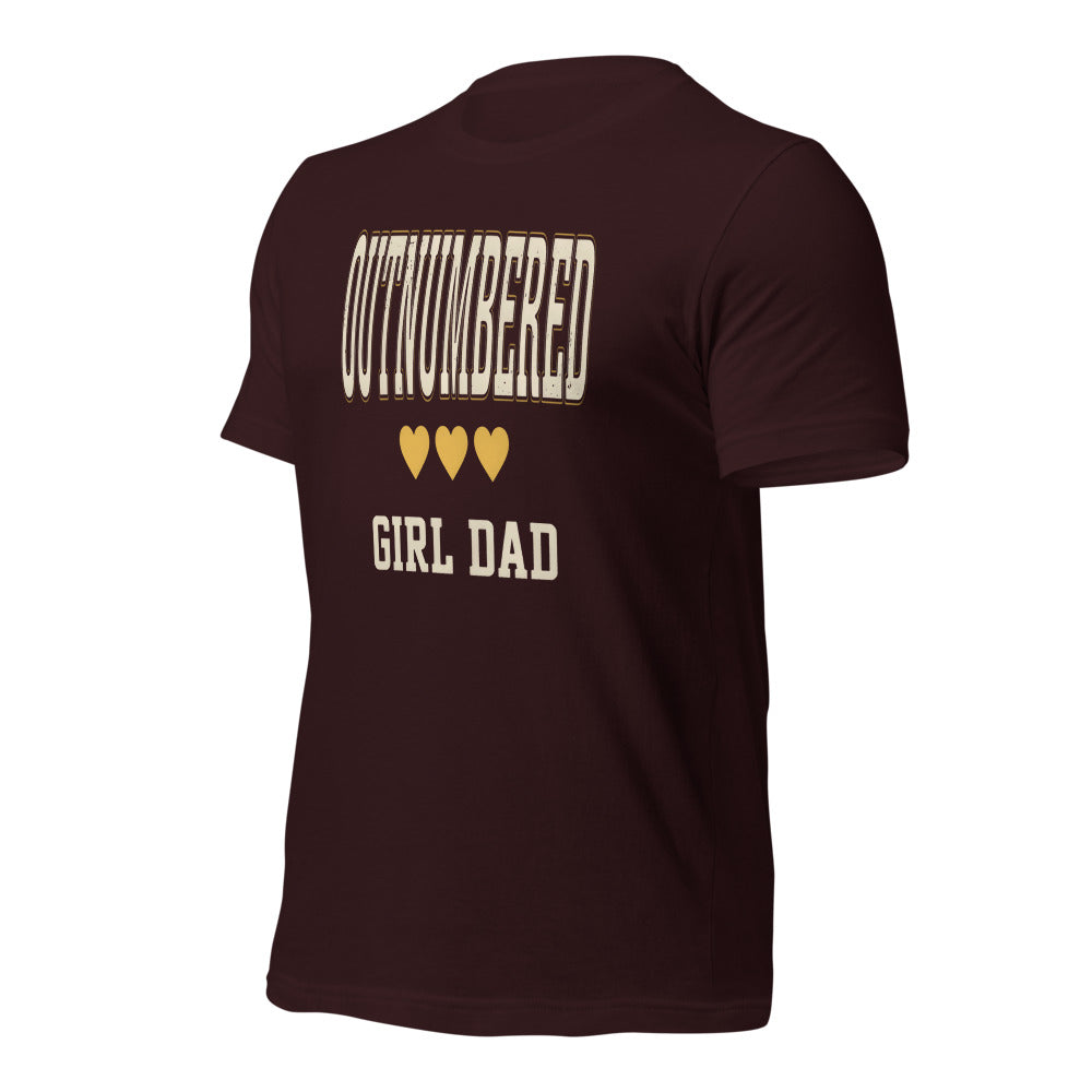 Girl Dad Outnumbered & Proud tee — Oxblood Black, front-right