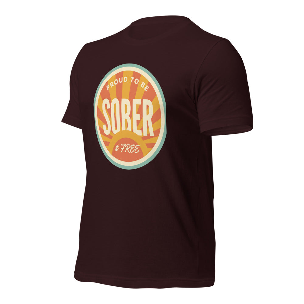 Sober & Proud retro sunburst tee — Oxblood Black, front-right