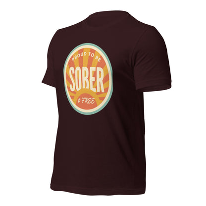 Sober & Proud retro sunburst tee — Oxblood Black, front-right