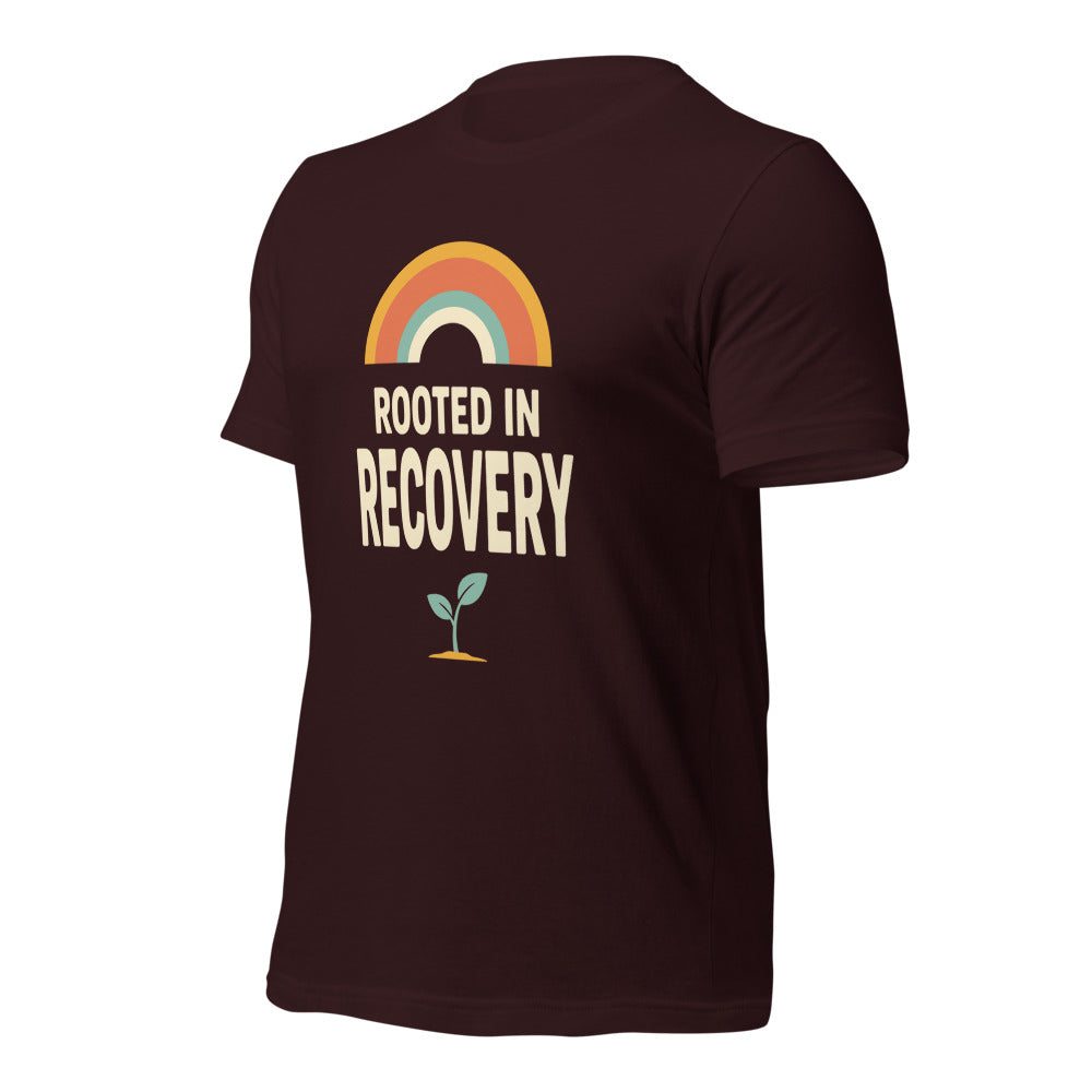 Rooted in Recovery retro rainbow tee — Oxblood Black, front-right