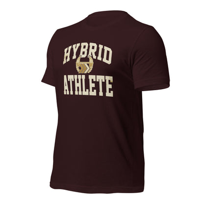 Hybrid Athlete vintage varsity tee — Oxblood Black, front-right