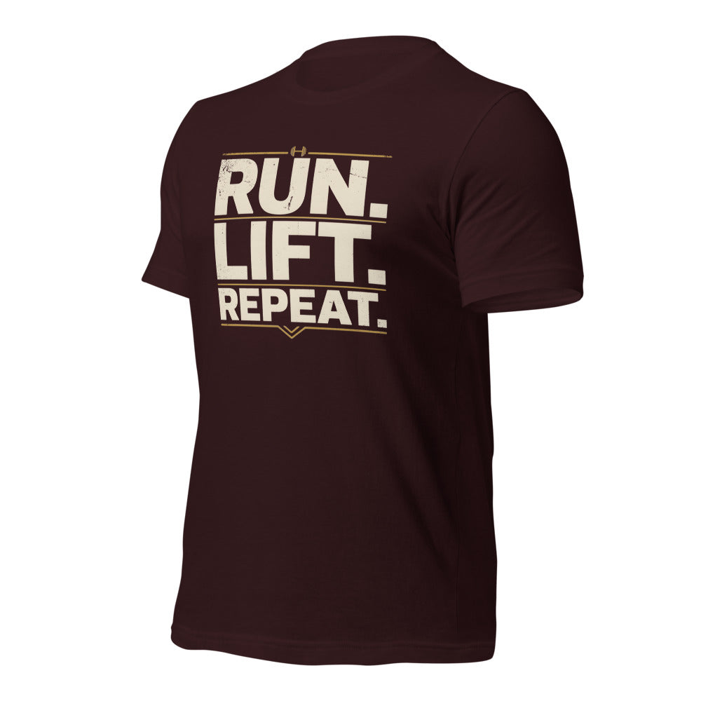 Run Lift Repeat vintage athletic tee — Oxblood Black, front-right
