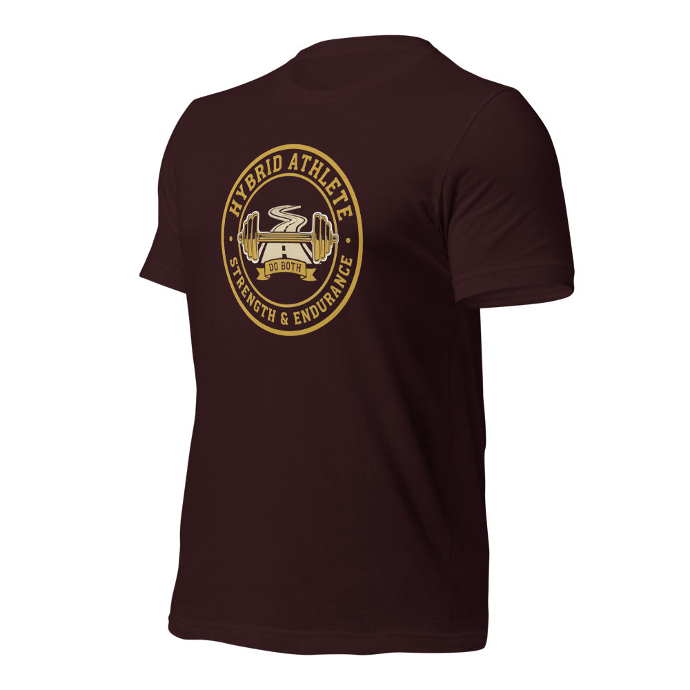 Hybrid Athlete vintage athletic-department crest tee — Oxblood Black, front-right