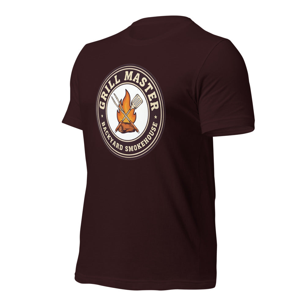 Grill Master retro backyard smokehouse tee — Oxblood Black, front-right