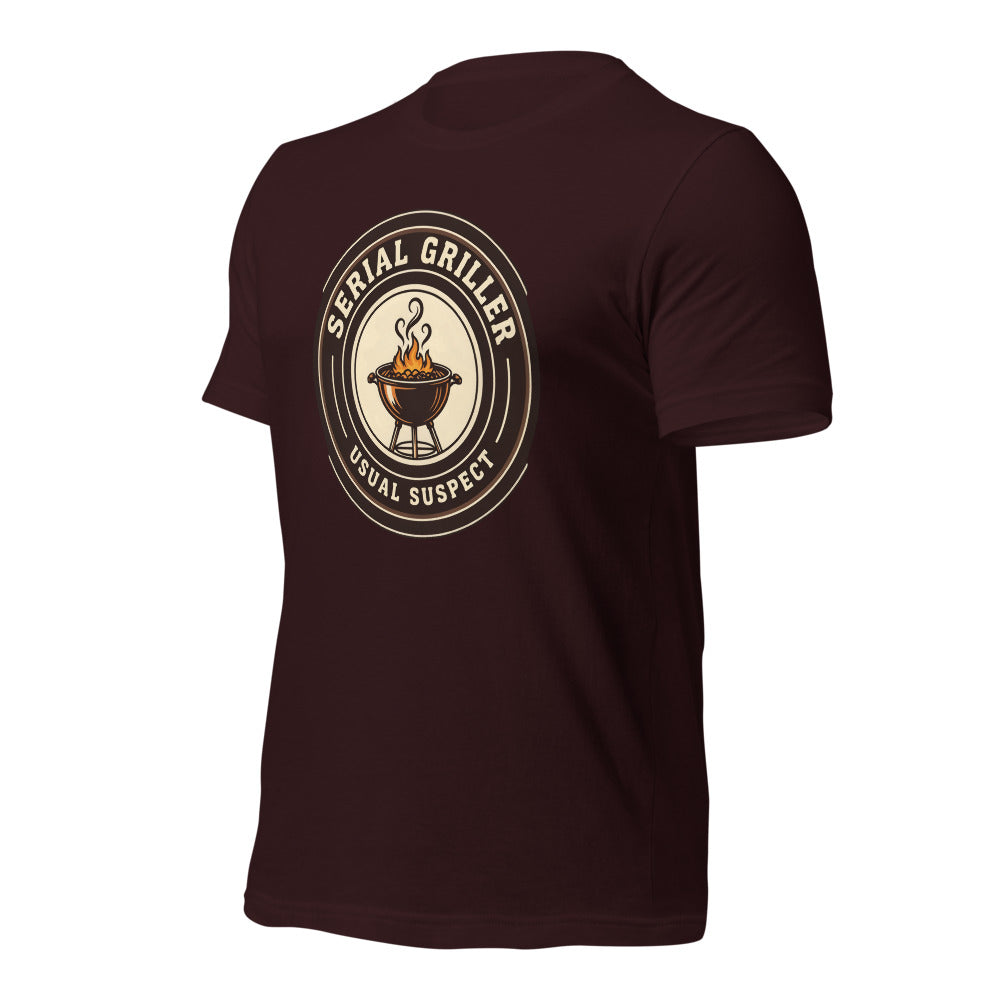Serial Griller funny BBQ tee — Oxblood Black, front-right