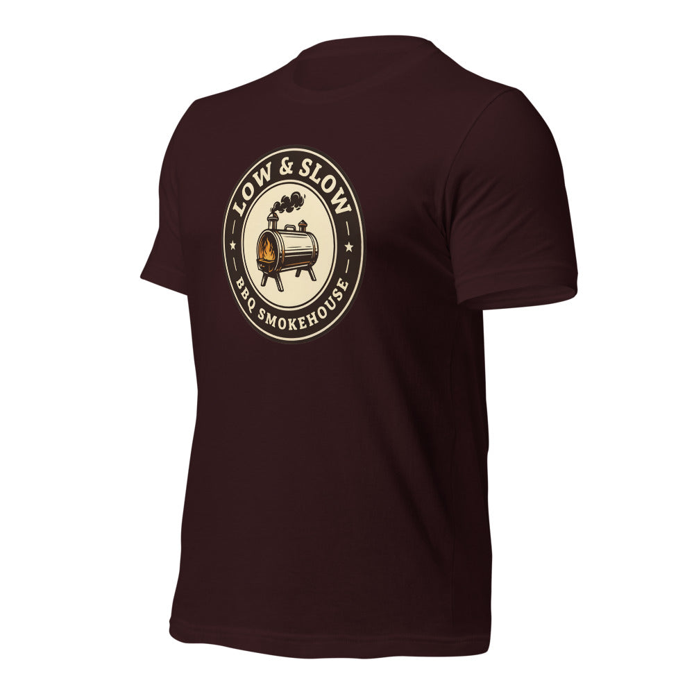 Low & Slow BBQ smoker tee — Oxblood Black, front-right