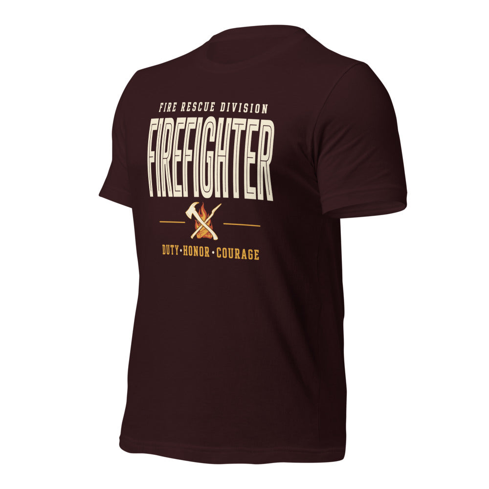 Firefighter collegiate wordmark retro fire-rescue tee — Oxblood Black, front-right