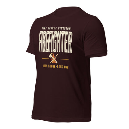 Firefighter collegiate wordmark retro fire-rescue tee — Oxblood Black, front-right