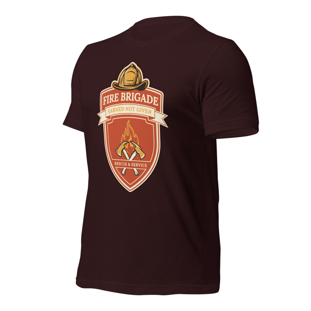 Fire Brigade Earned Not Given retro firefighter shield emblem tee — Oxblood Black, front-right