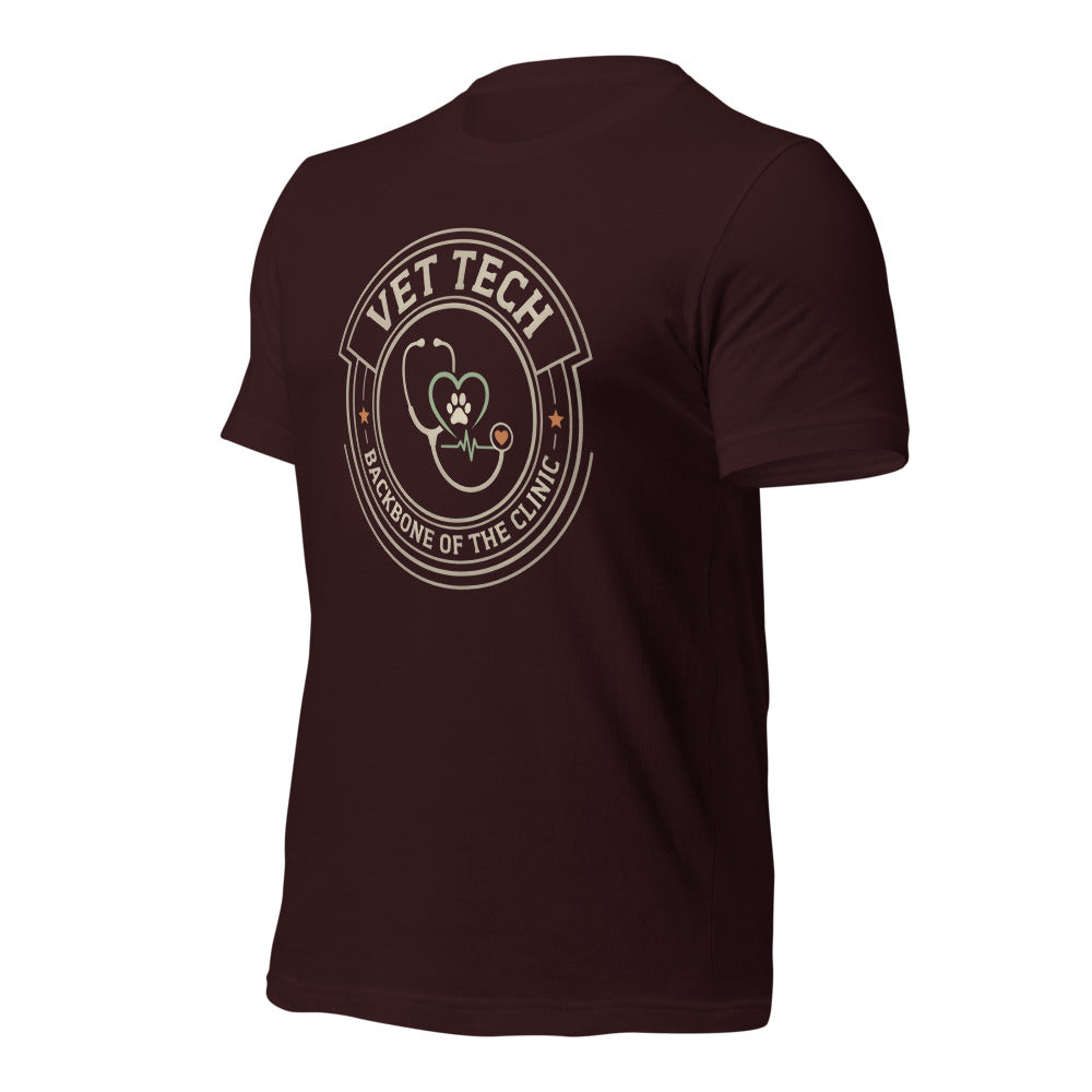 Vet Tech Crest retro veterinary technician tee — Oxblood Black, front-right