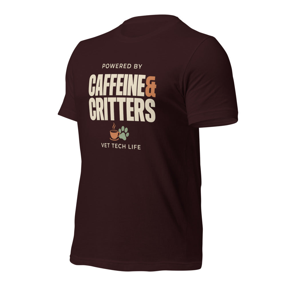 Powered by Caffeine & Critters funny vet tech tee — Oxblood Black, front-right