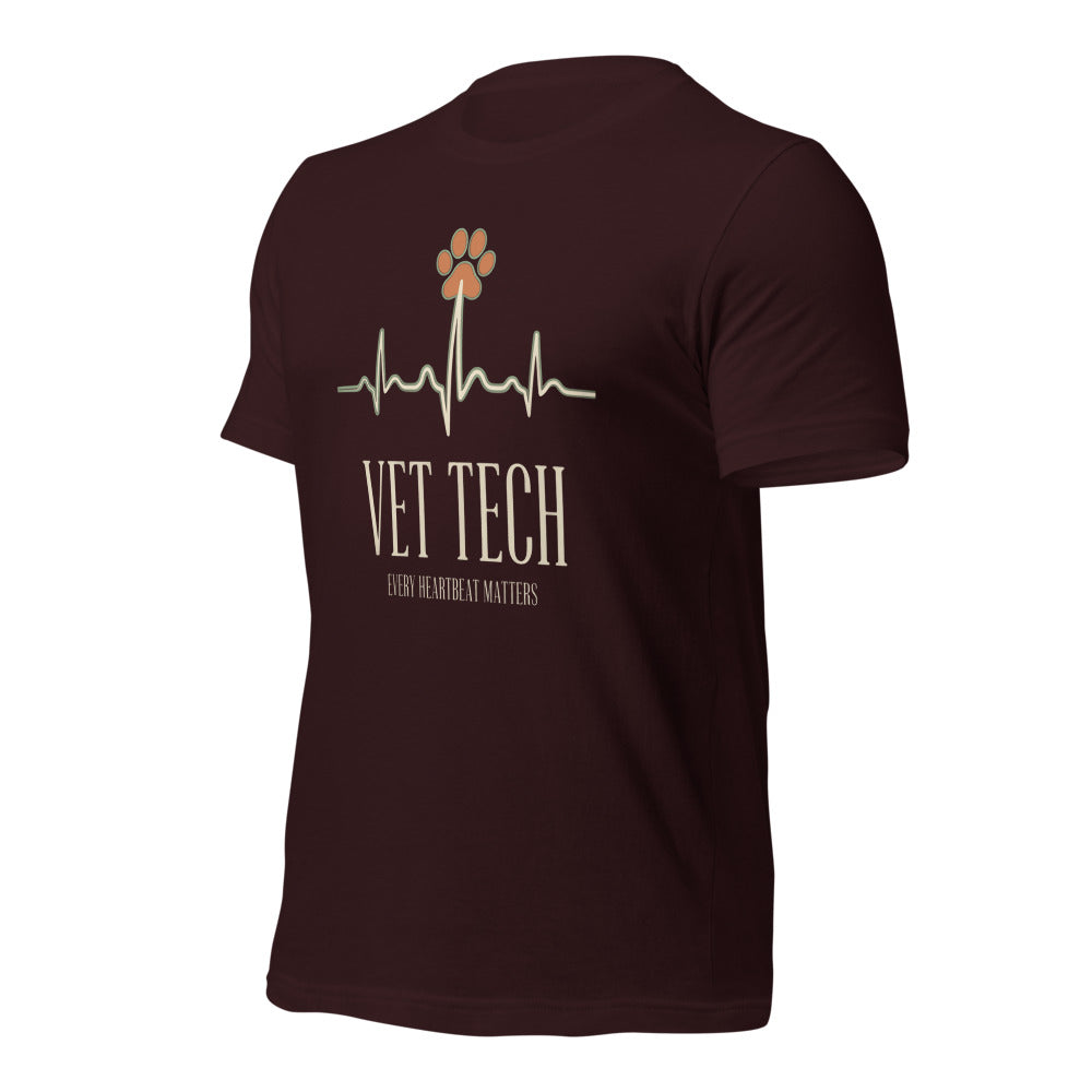 Every Heartbeat Matters minimalist vet tech tee — Oxblood Black, front-right