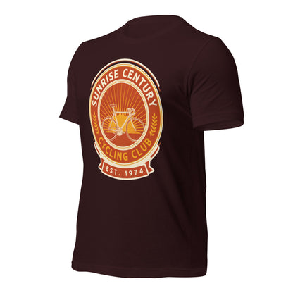 Sunrise Century C.C. retro cycling club badge t-shirt — Oxblood Black, front-right