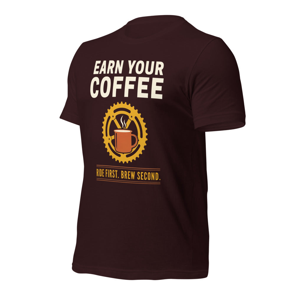 Earn Your Coffee retro cycling coffee t-shirt — Oxblood Black, front-right