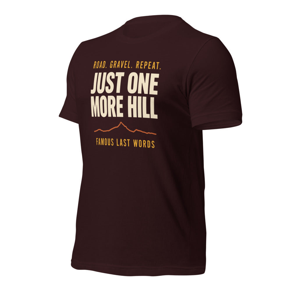 Just One More Hill retro cycling climb t-shirt — Oxblood Black, front-right