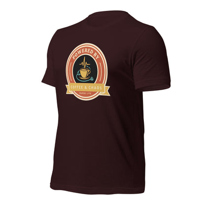 Powered by Coffee & Chaos retro nurse badge tee — Oxblood Black, front-right
