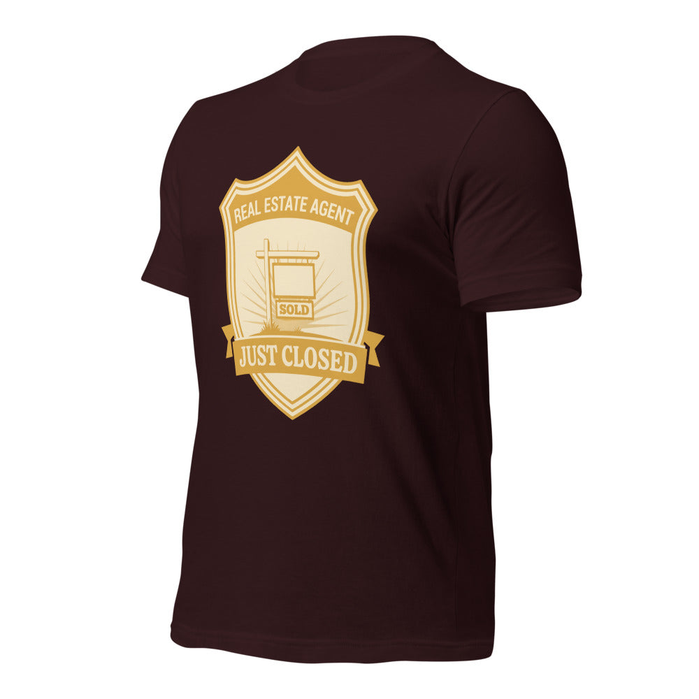 Just Closed real estate agent tee — Oxblood Black, front-right