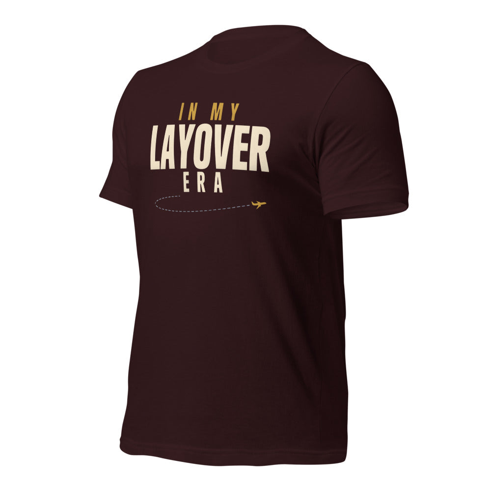 In My Layover Era flight attendant tee — Oxblood Black, front-right