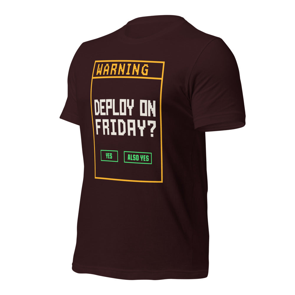 Deploy On Friday programmer tee — Oxblood Black, front-right