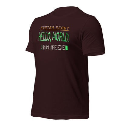 Hello World retro boot screen programmer tee — Oxblood Black, front-right