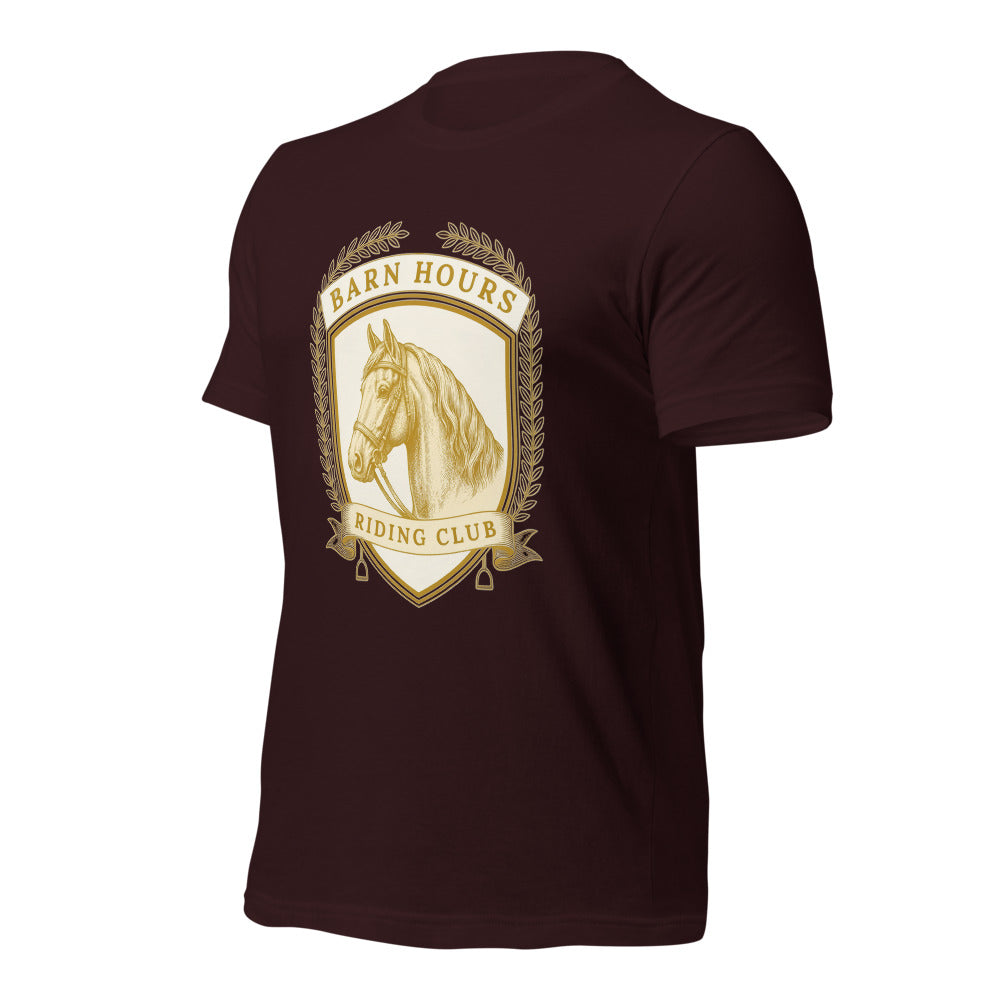 Barn Hours Riding Club vintage equestrian stable crest t-shirt — Oxblood Black, front-right