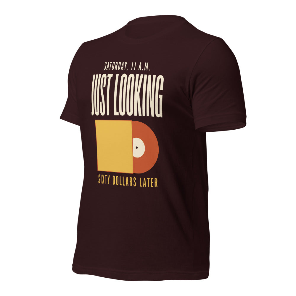 Just Looking Sixty Dollars Later vinyl record tee — Oxblood Black, front-right