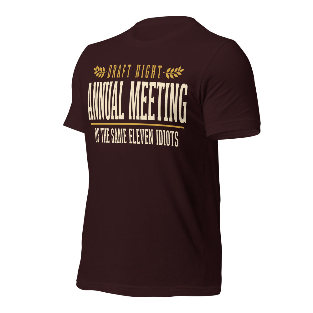Annual Meeting of the Same Eleven Idiots funny fantasy football draft tee — Oxblood Black, front-right