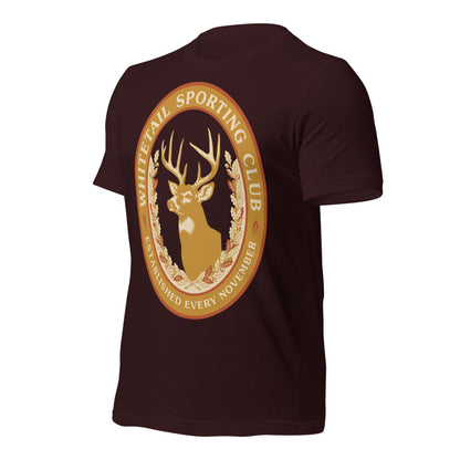 Whitetail Sporting Club vintage deer hunting tee — Oxblood Black, front-right